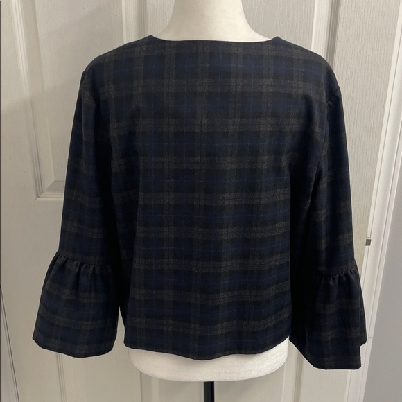 Zara Navy Blue Plaid Bell Sleeve Jacket/Top Sz L - Picture 6 of 16